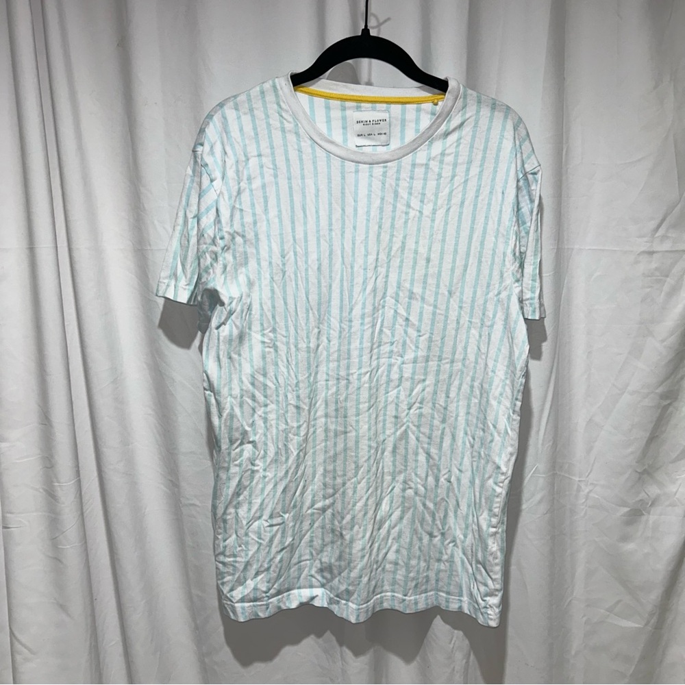 Denim & Flower Ricky Singh Shirt Striped White Blue Short Sleeve Crewneck Top L